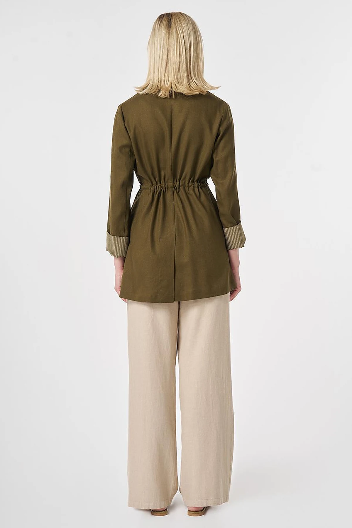 Waist-Gathered Blazer Jacket Dark Khaki