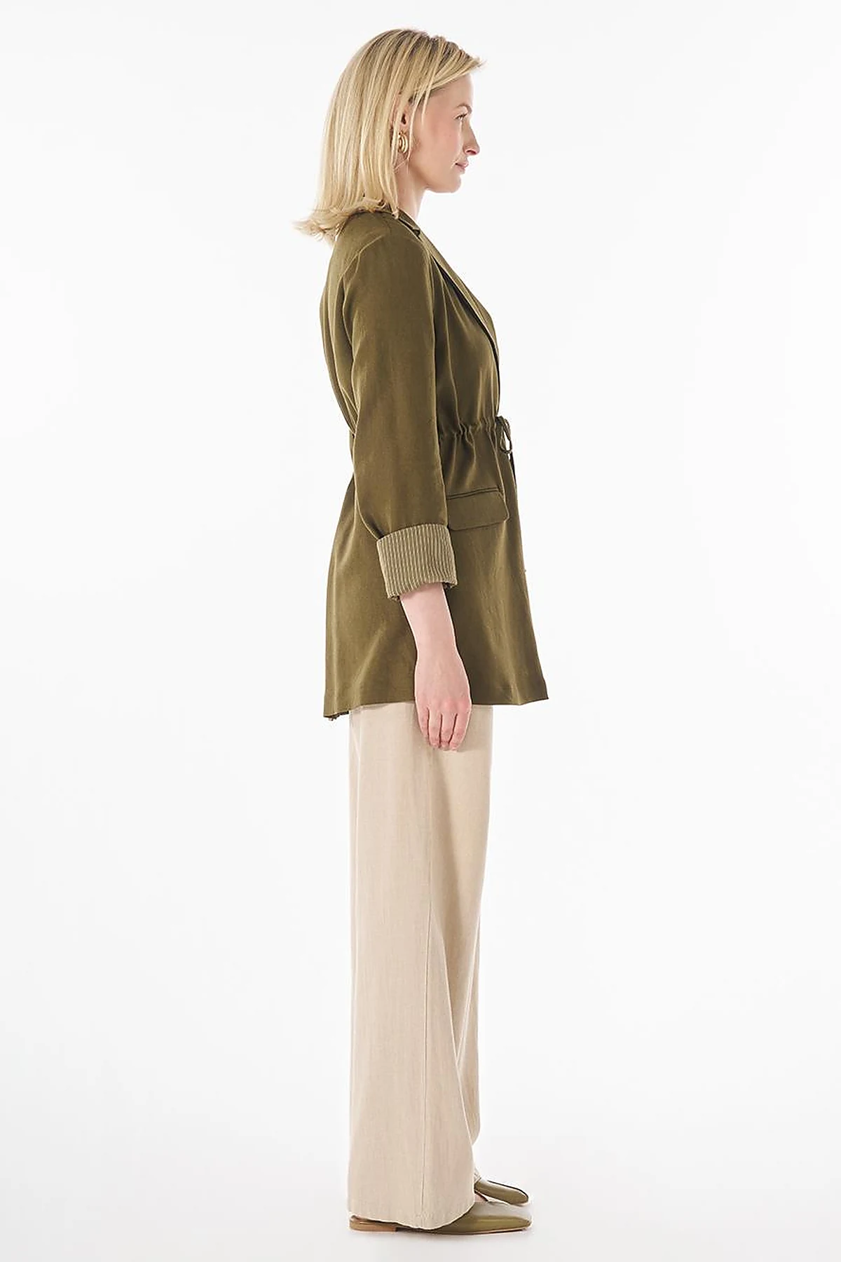 Waist-Gathered Blazer Jacket Dark Khaki