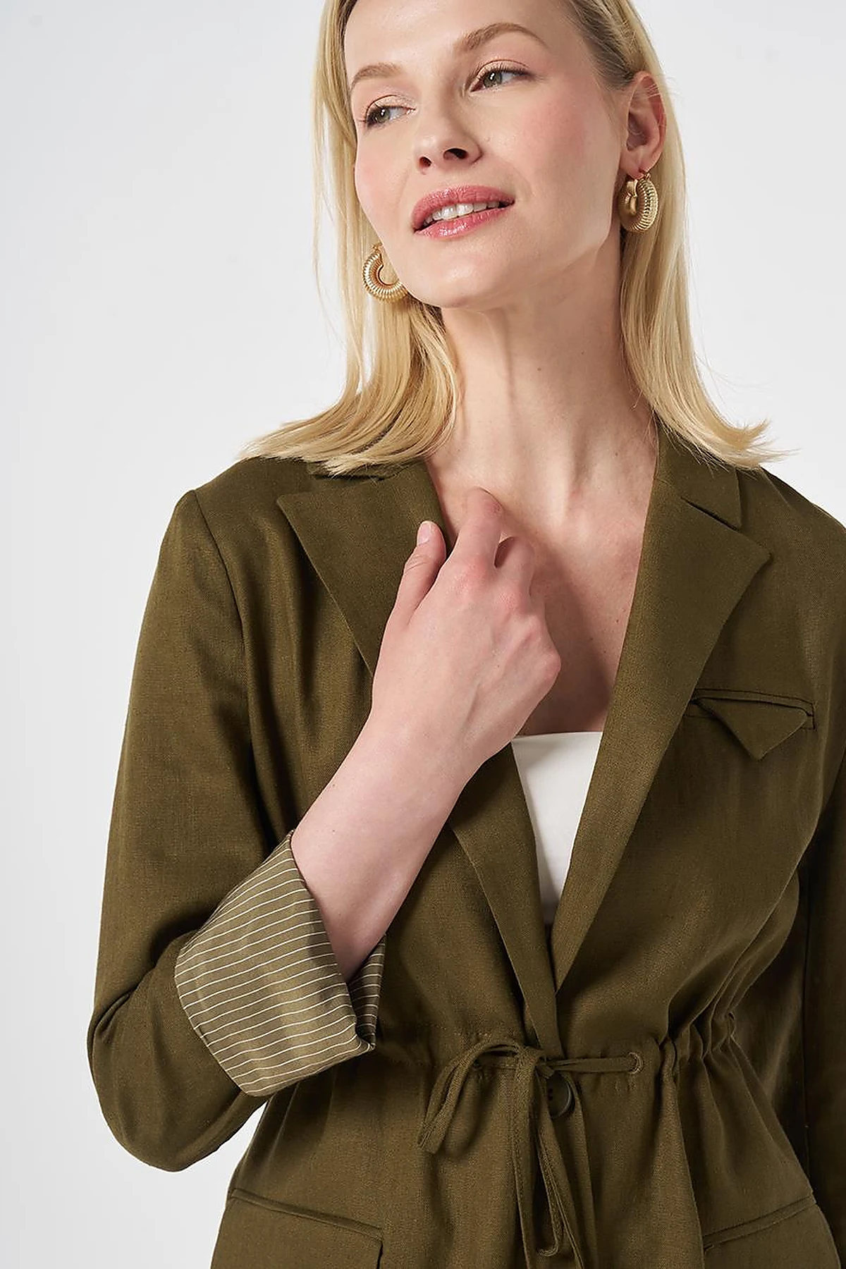 Waist-Gathered Blazer Jacket Dark Khaki