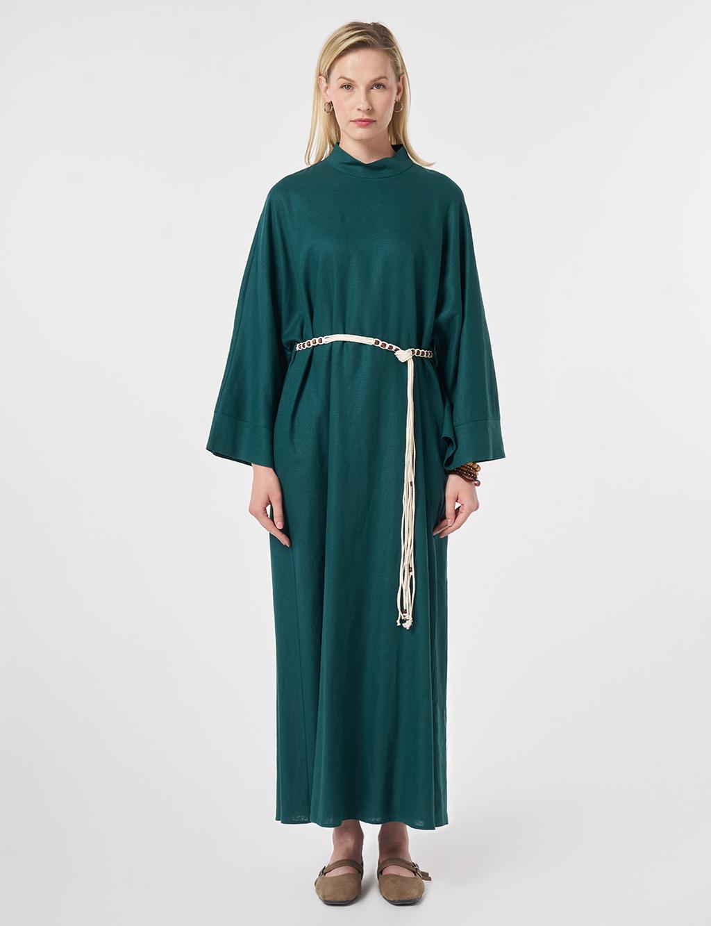 Rope-Belted Linen Lyocell Dress Pine Green