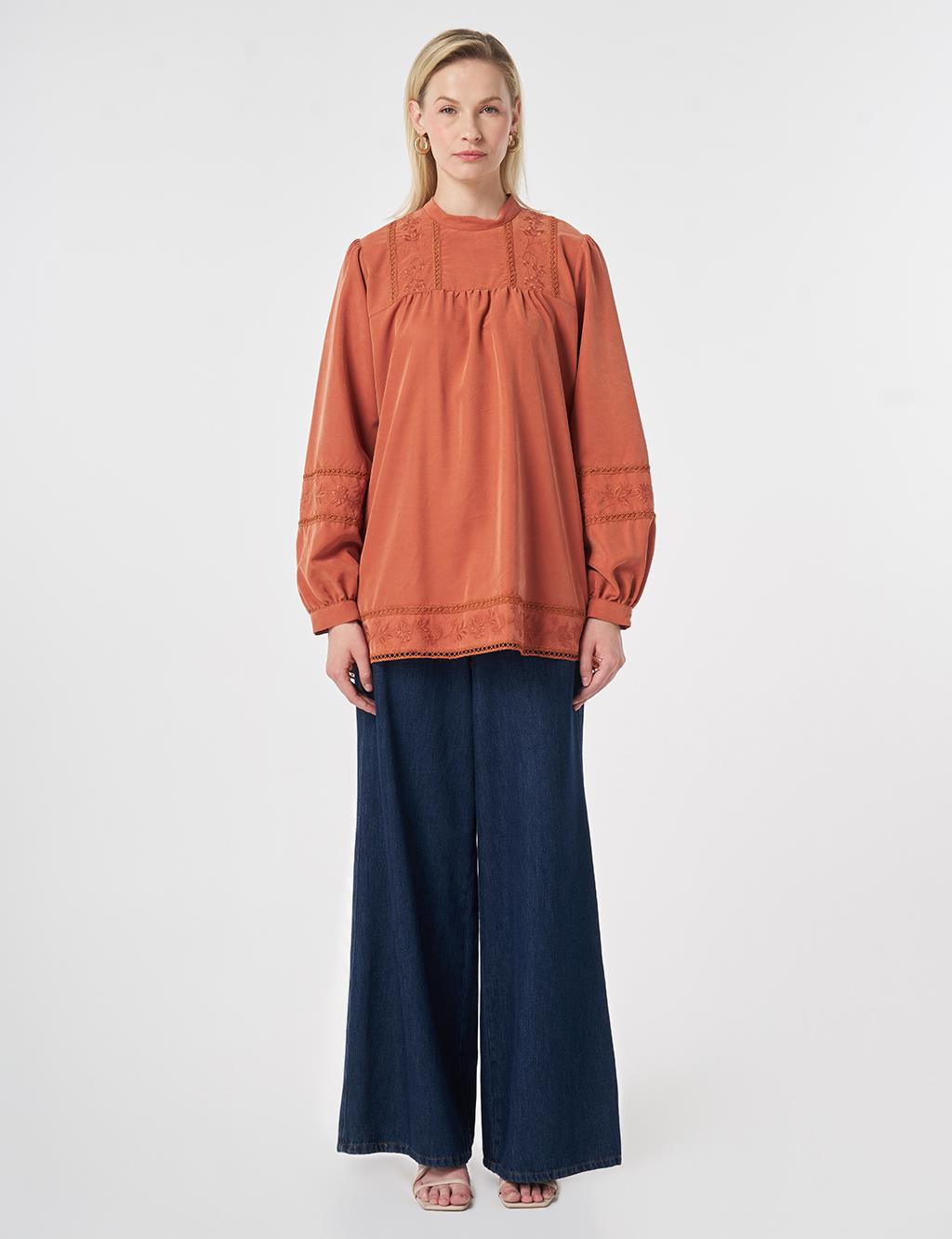 Striped Broderie Detailed Modal Tunic Brick Red