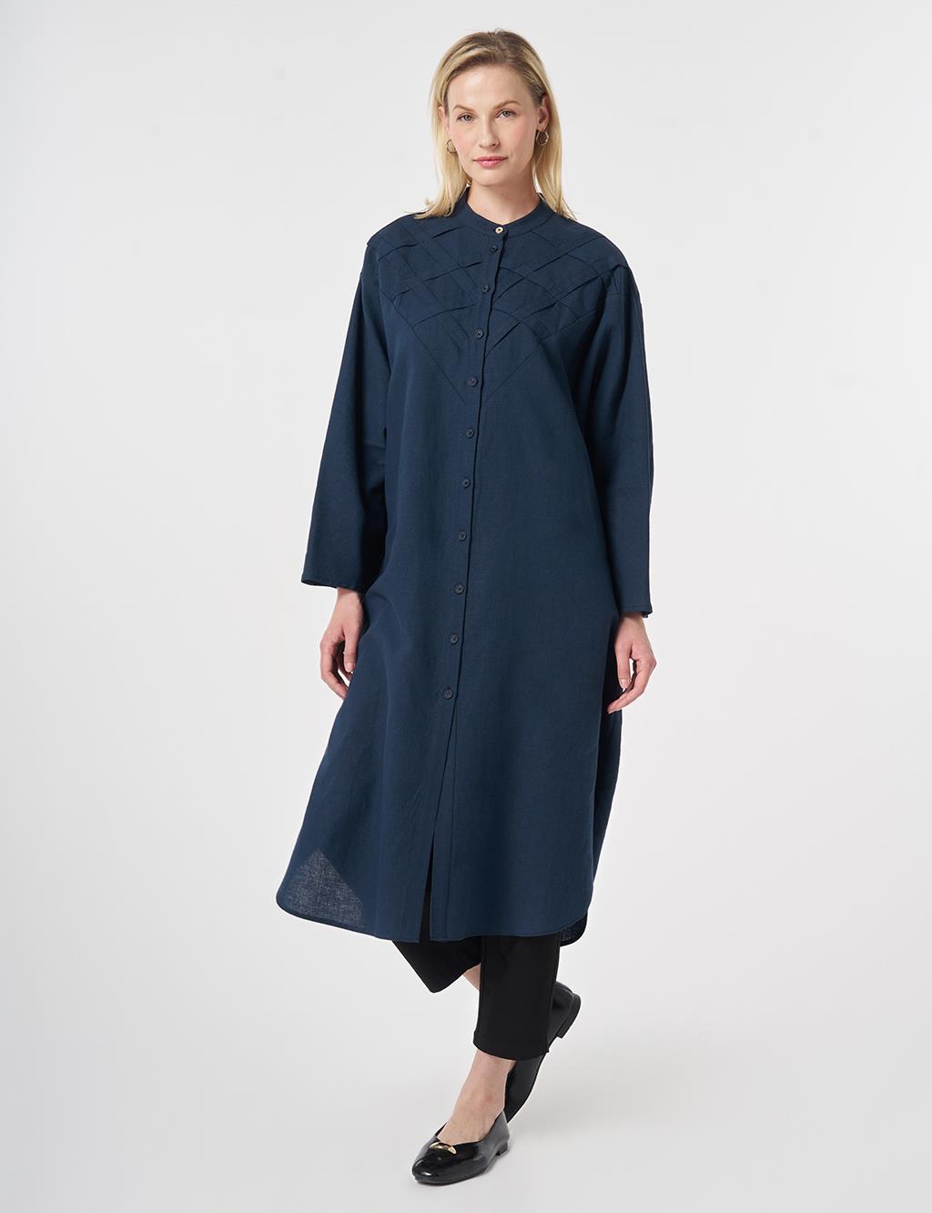 Lattice Knit Cotton-Linen Tunic Dark Navy