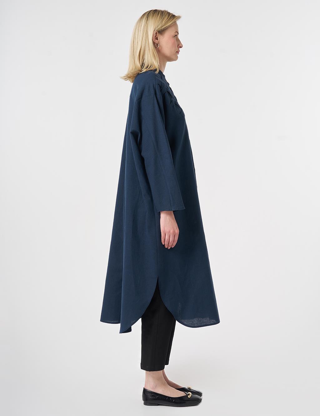 Lattice Knit Cotton-Linen Tunic Dark Navy