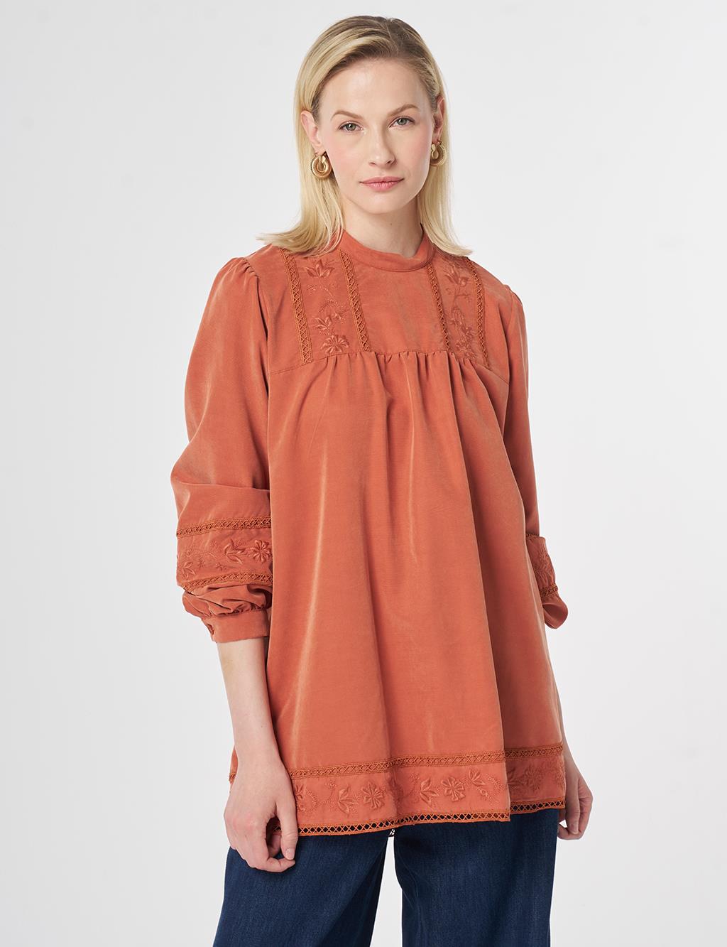 Striped Broderie Detailed Modal Tunic Brick Red