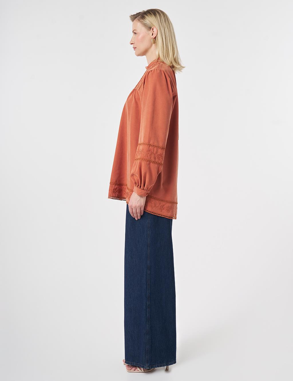 Striped Broderie Detailed Modal Tunic Brick Red