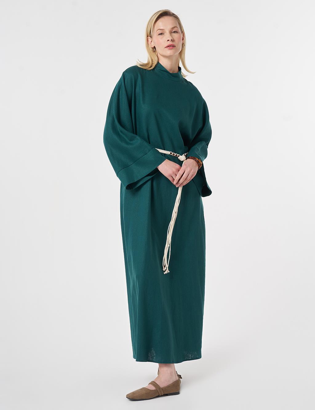 Rope-Belted Linen Lyocell Dress Pine Green