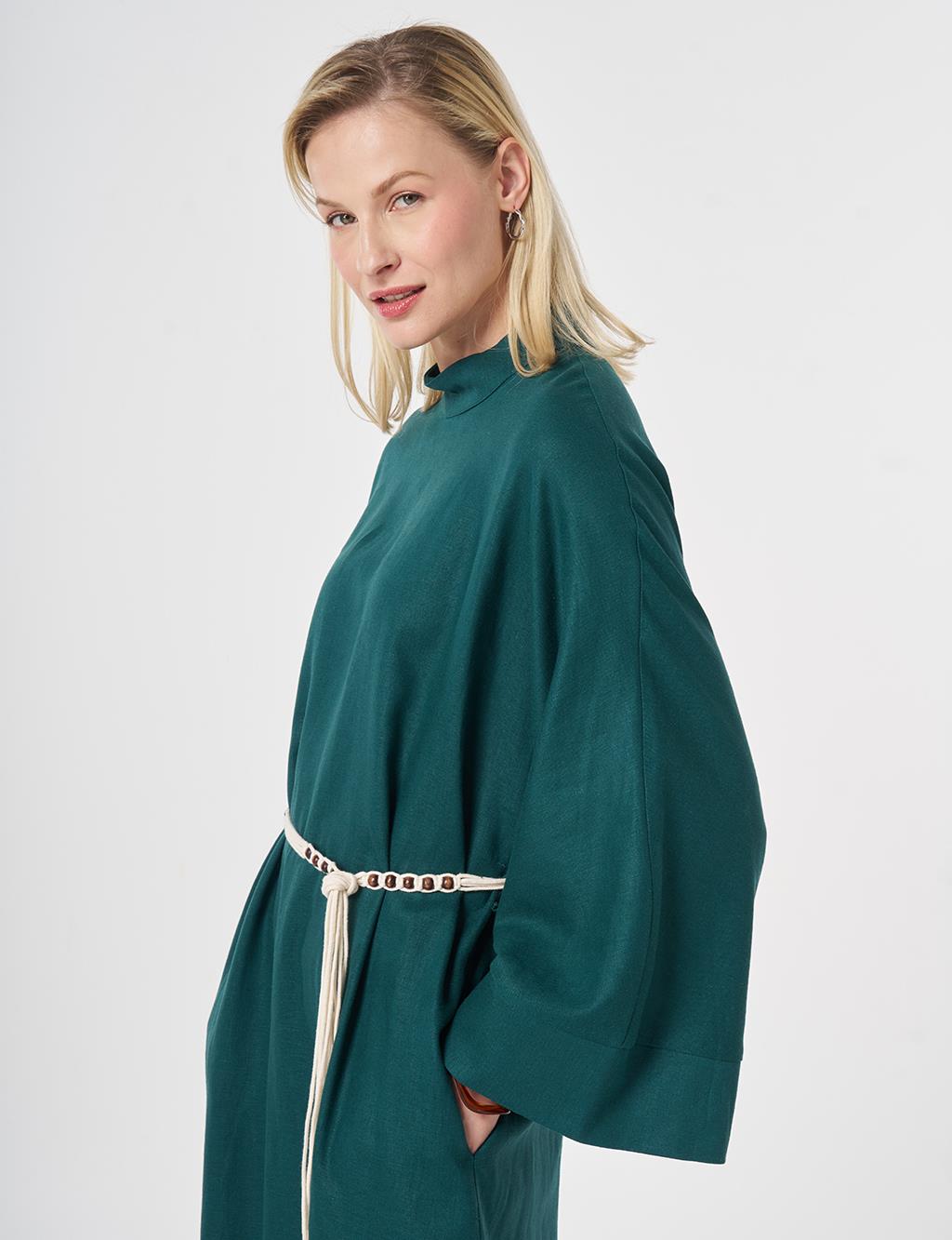 Rope-Belted Linen Lyocell Dress Pine Green