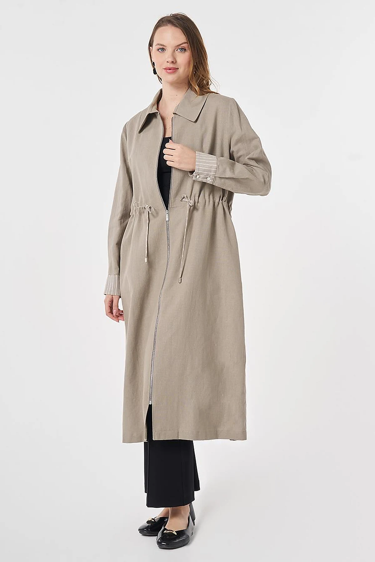 Cotton Linen Coat with Cuff Details Dark Mink