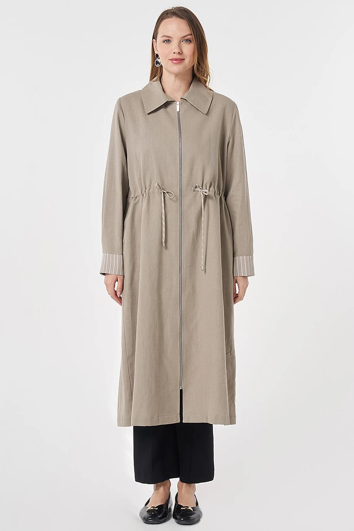 Cotton Linen Coat with Cuff Details Dark Mink