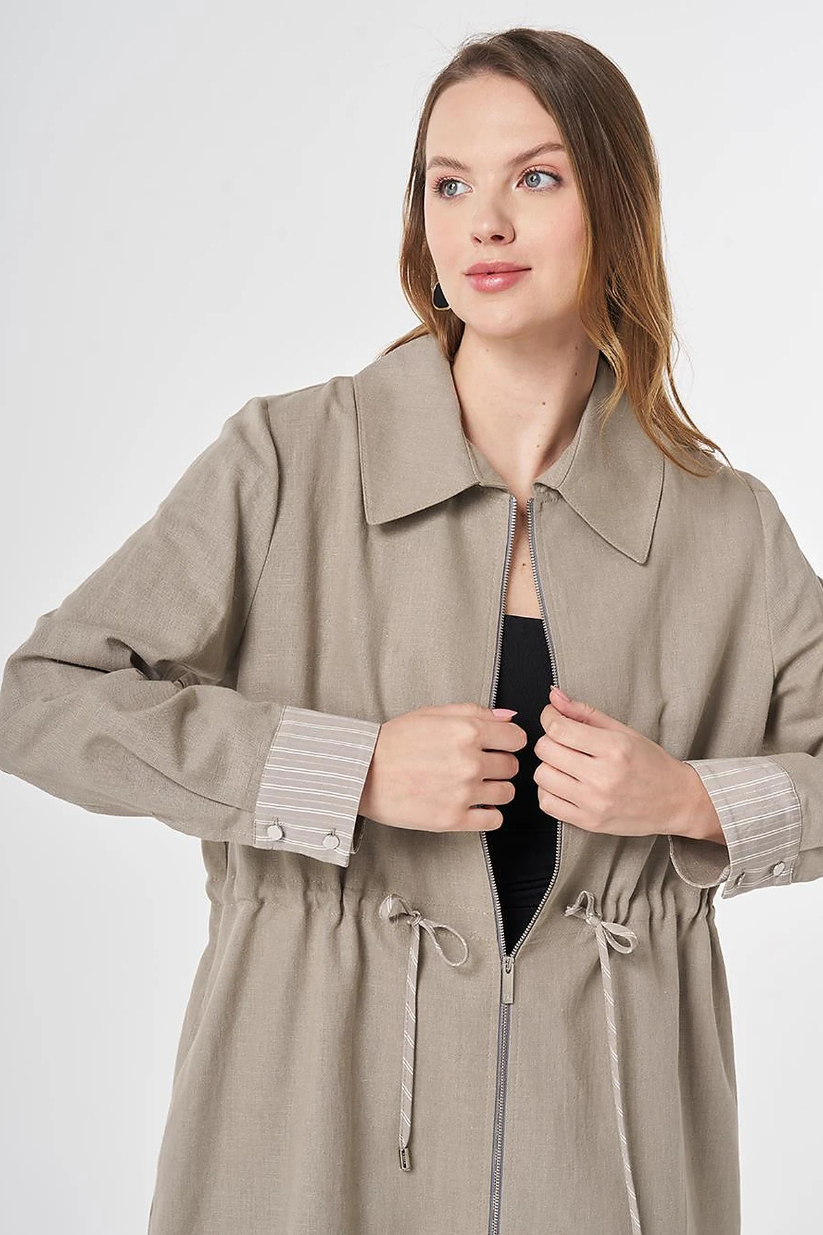 Cotton Linen Coat with Cuff Details Dark Mink