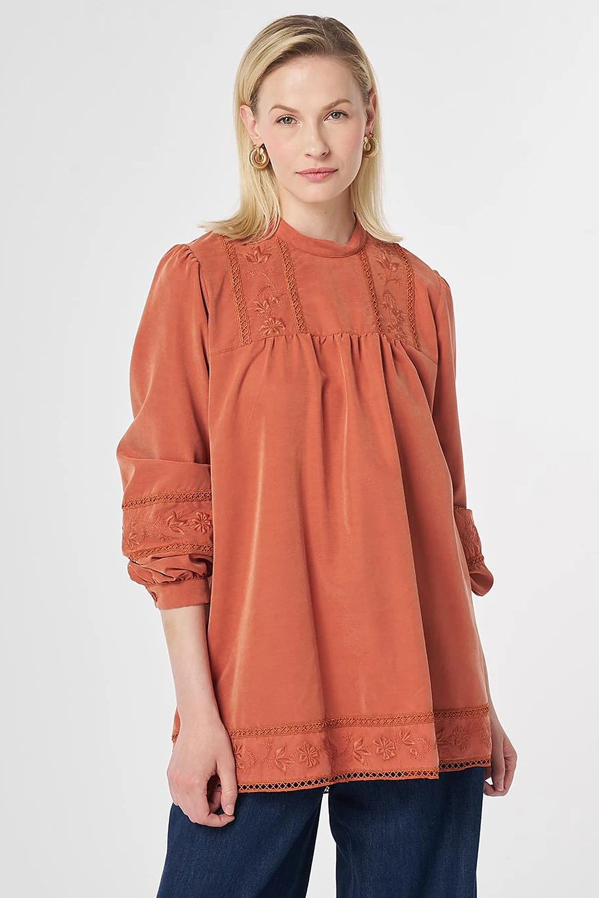 Striped Broderie Detailed Modal Tunic Brick Red