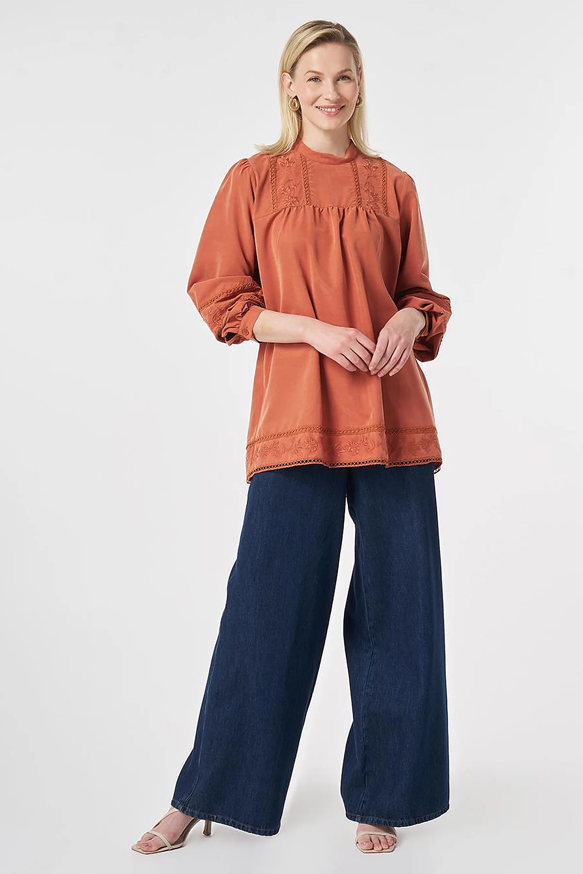 Striped Broderie Detailed Modal Tunic Brick Red