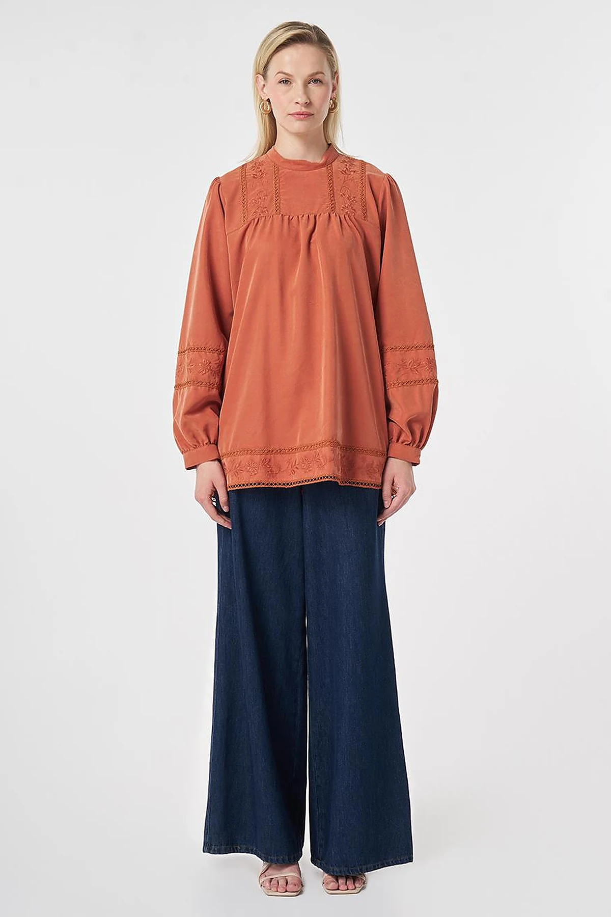 Striped Broderie Detailed Modal Tunic Brick Red