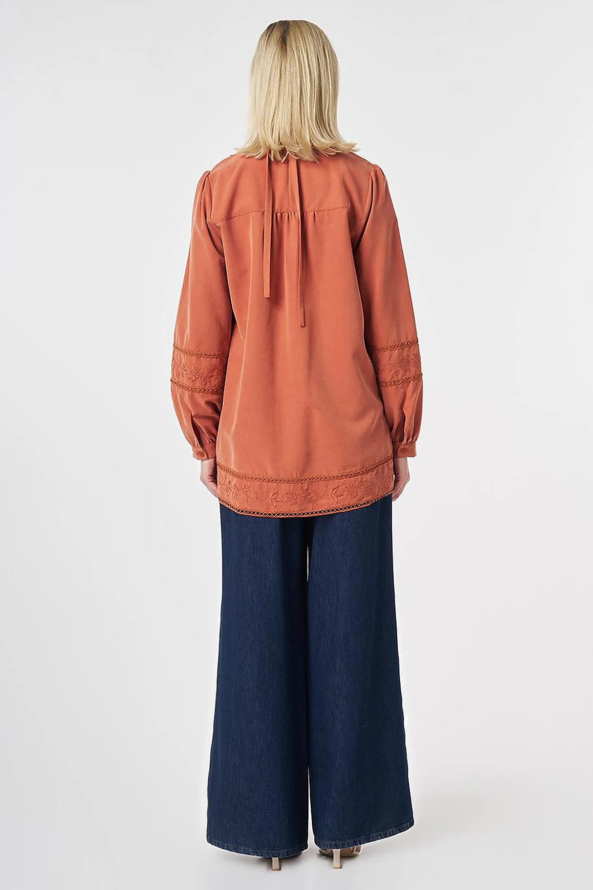 Striped Broderie Detailed Modal Tunic Brick Red