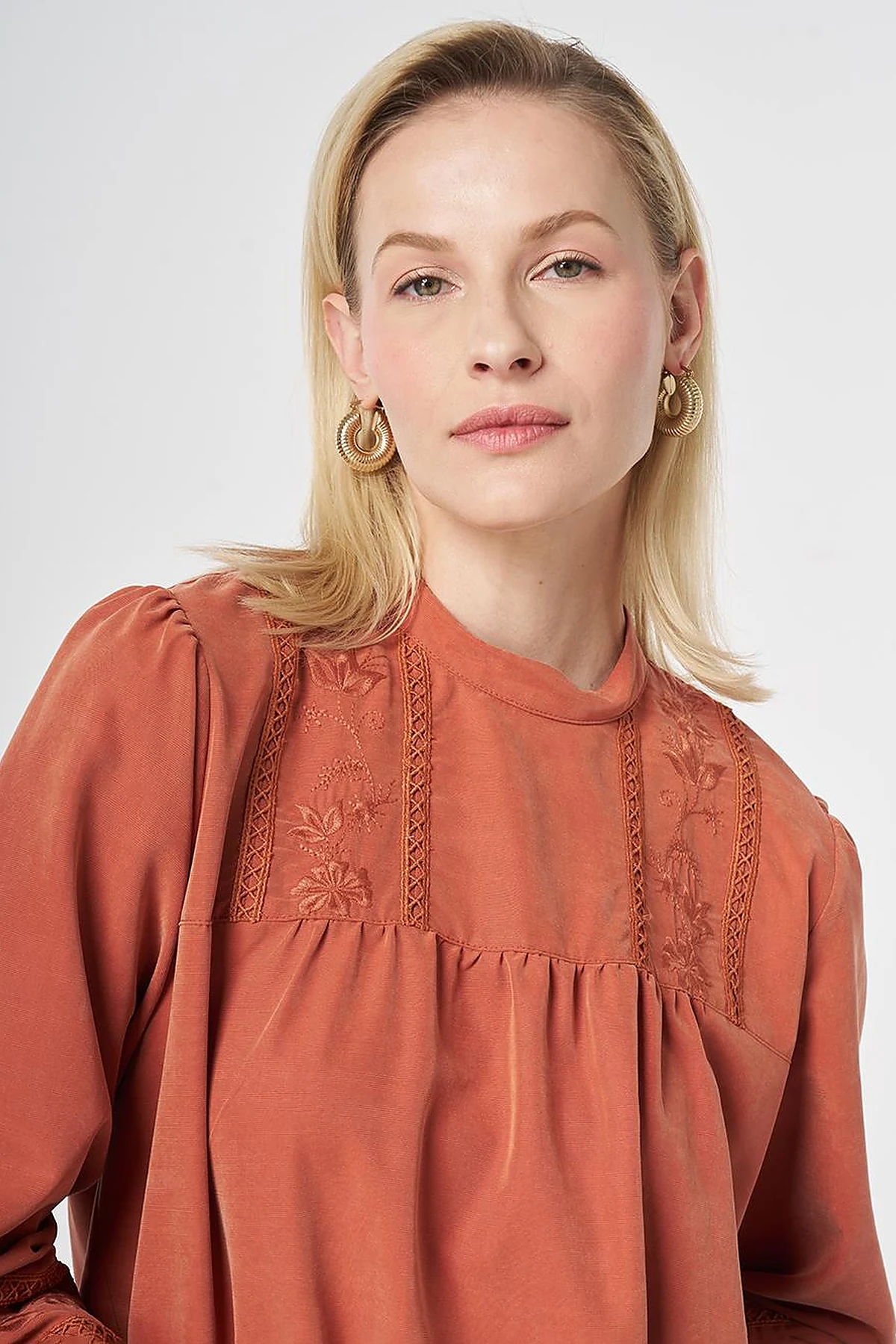 Striped Broderie Detailed Modal Tunic Brick Red