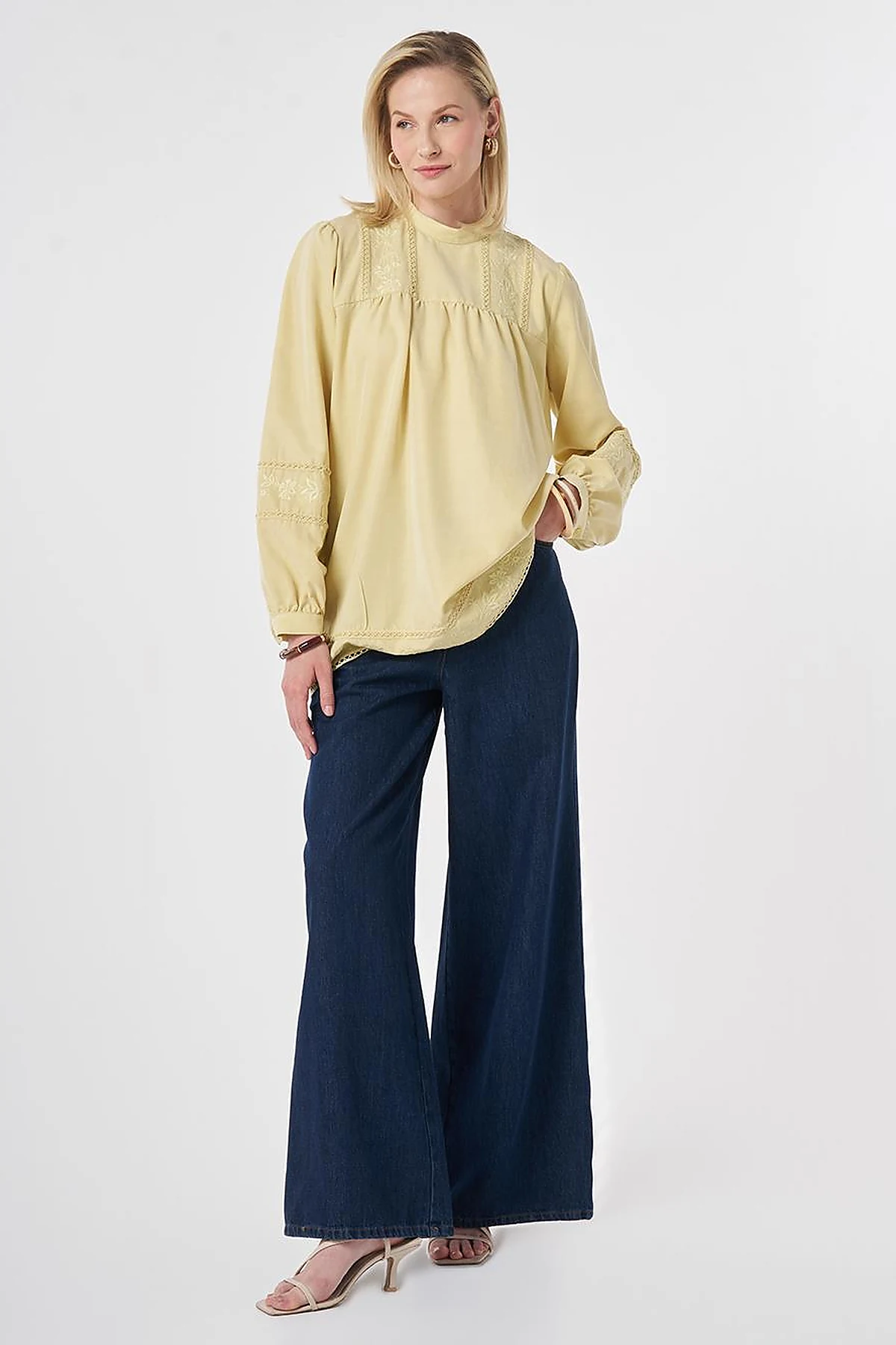 Striped Broderie Detailed Modal Tunic Lemon Yellow