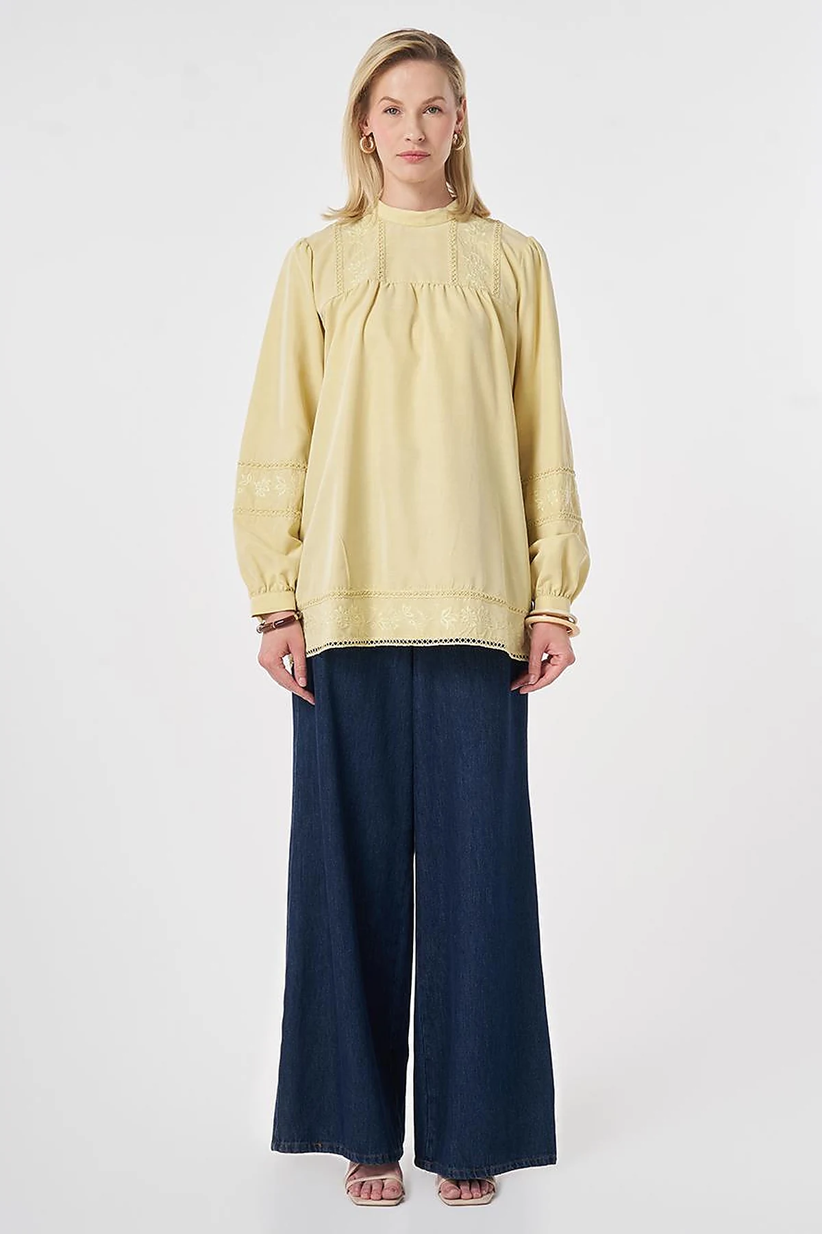 Striped Broderie Detailed Modal Tunic Lemon Yellow