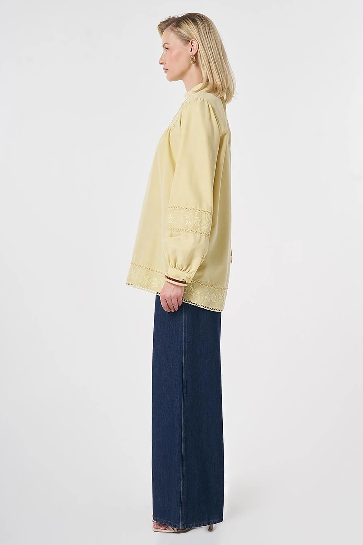 Striped Broderie Detailed Modal Tunic Lemon Yellow