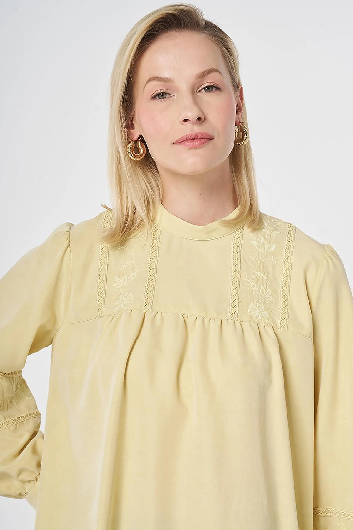 Striped Broderie Detailed Modal Tunic Lemon Yellow