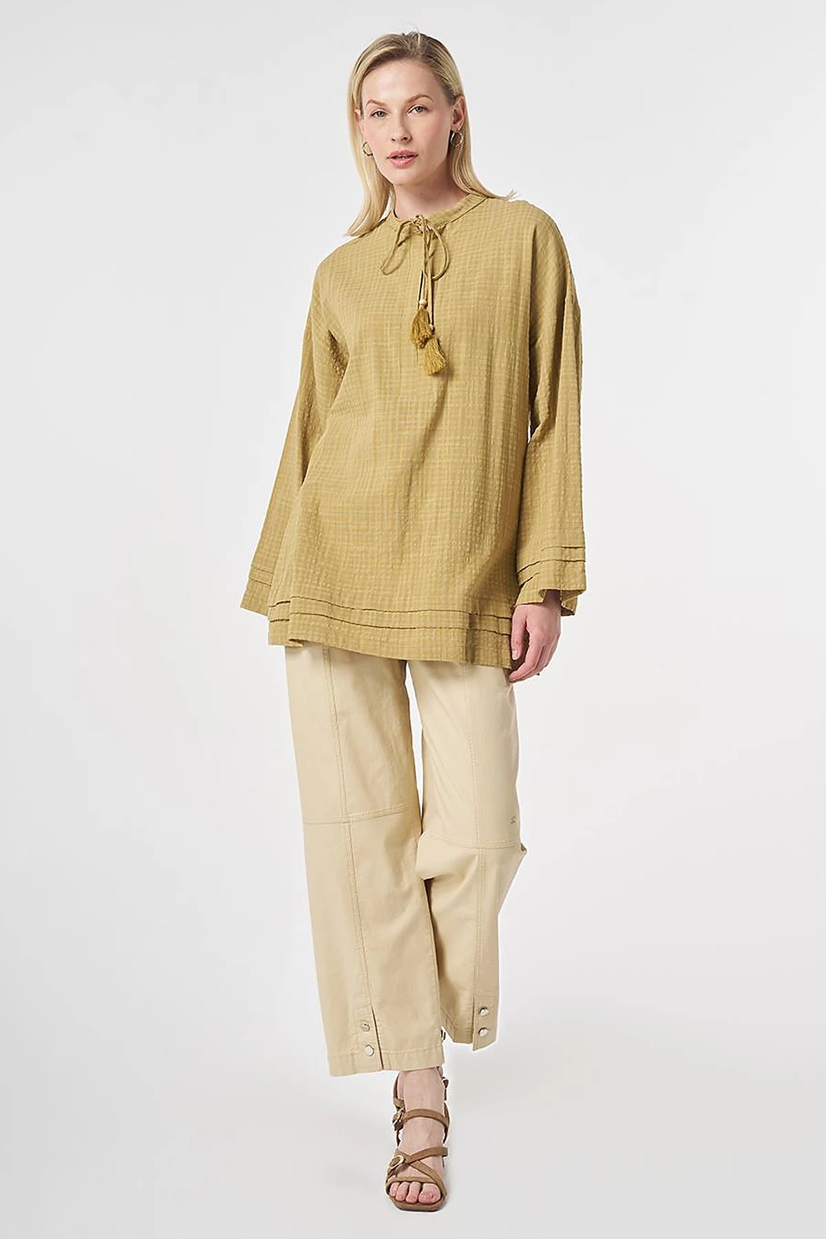 Tie-Neck Cotton Tunic Olive Green