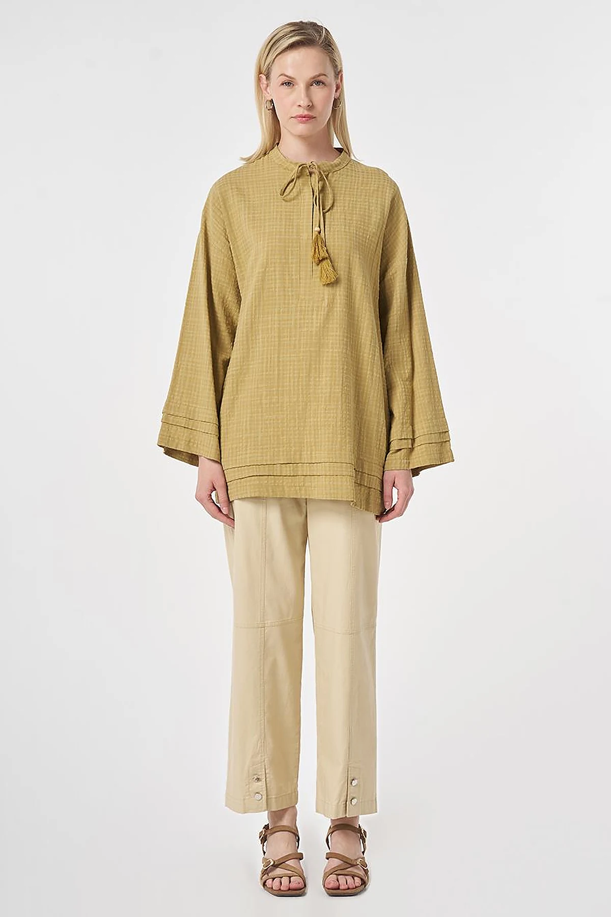 Tie-Neck Cotton Tunic Olive Green
