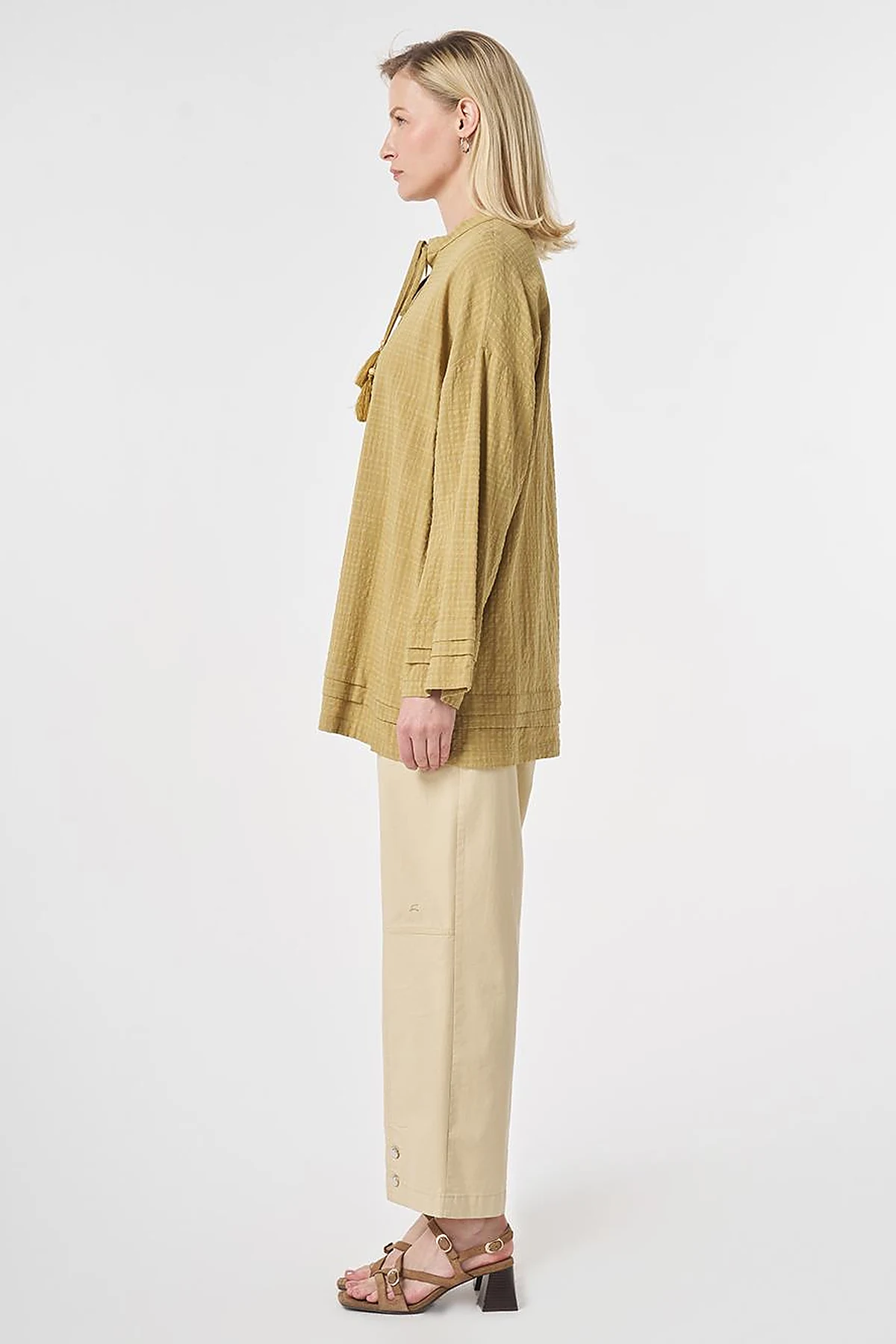 Tie-Neck Cotton Tunic Olive Green
