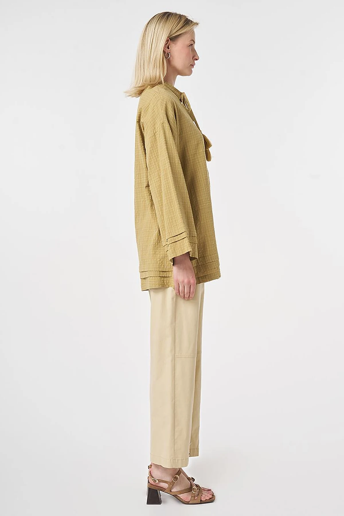 Tie-Neck Cotton Tunic Olive Green