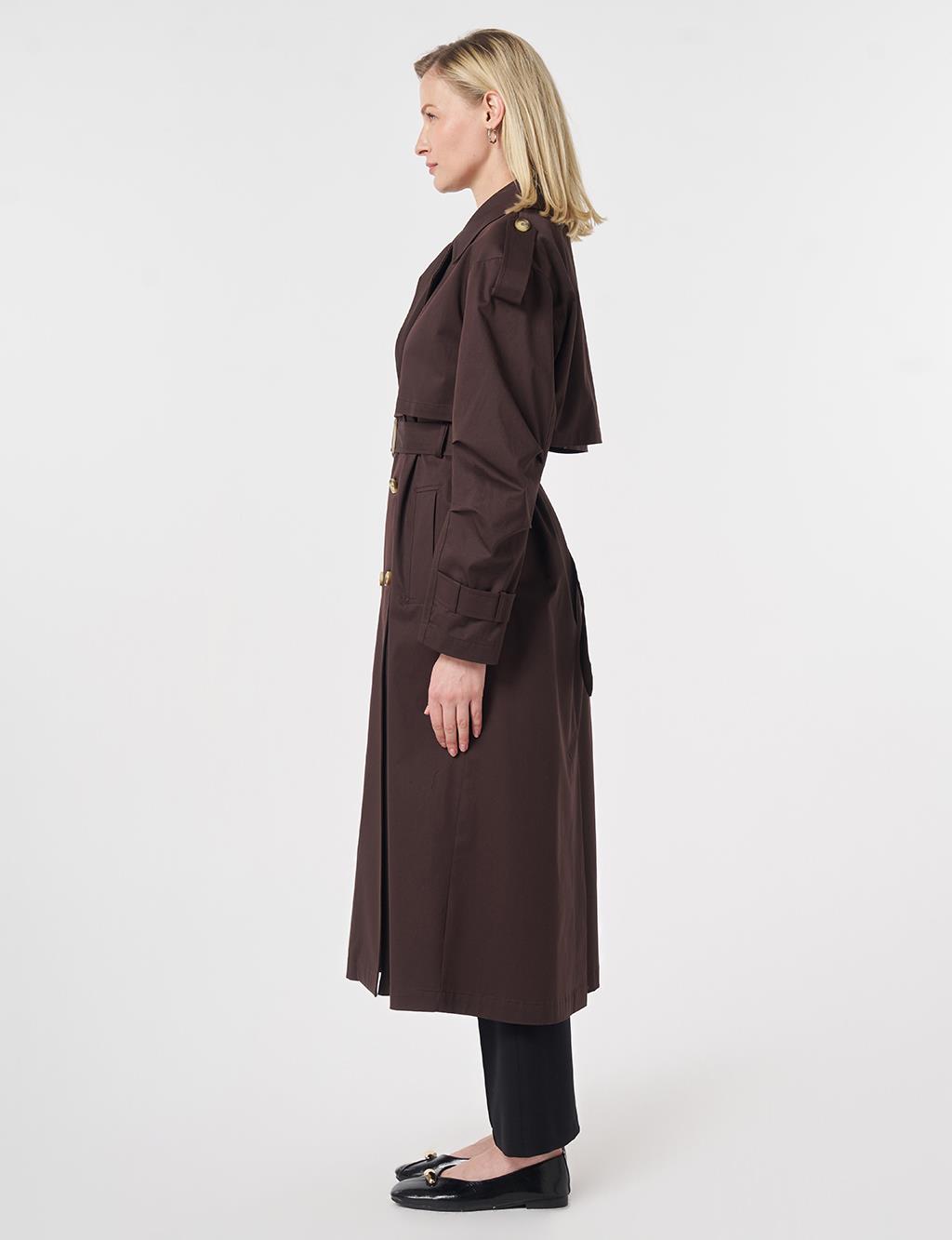 Windbreaker-Detail Belted Trench Coat Dark Brown