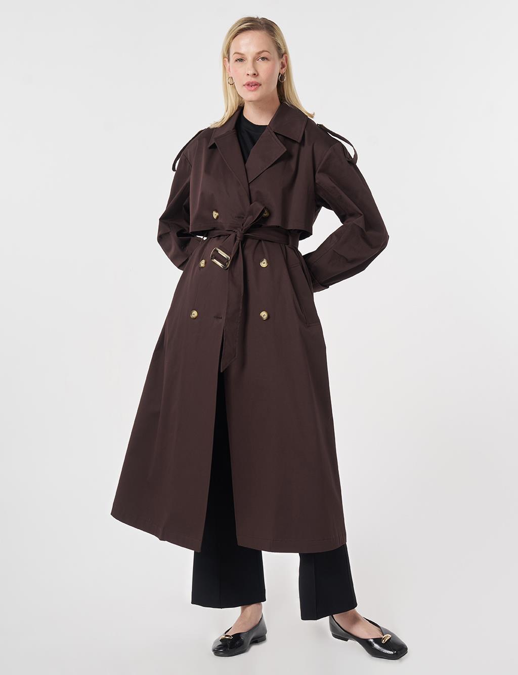 Windbreaker-Detail Belted Trench Coat Dark Brown