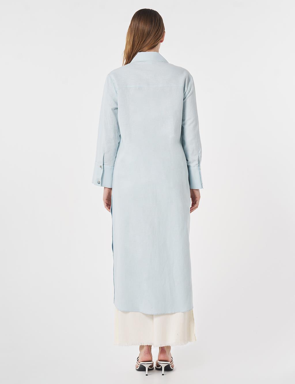 Button-Detail Cotton Linen Tunic Blue