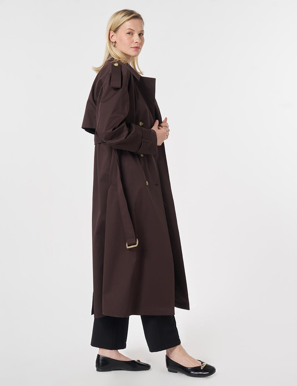 Windbreaker-Detail Belted Trench Coat Dark Brown