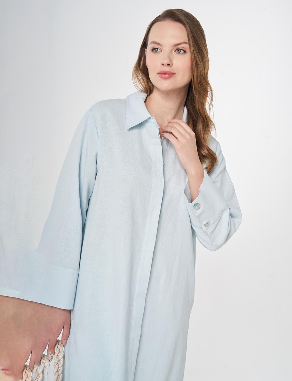 Button-Detail Cotton Linen Tunic Blue