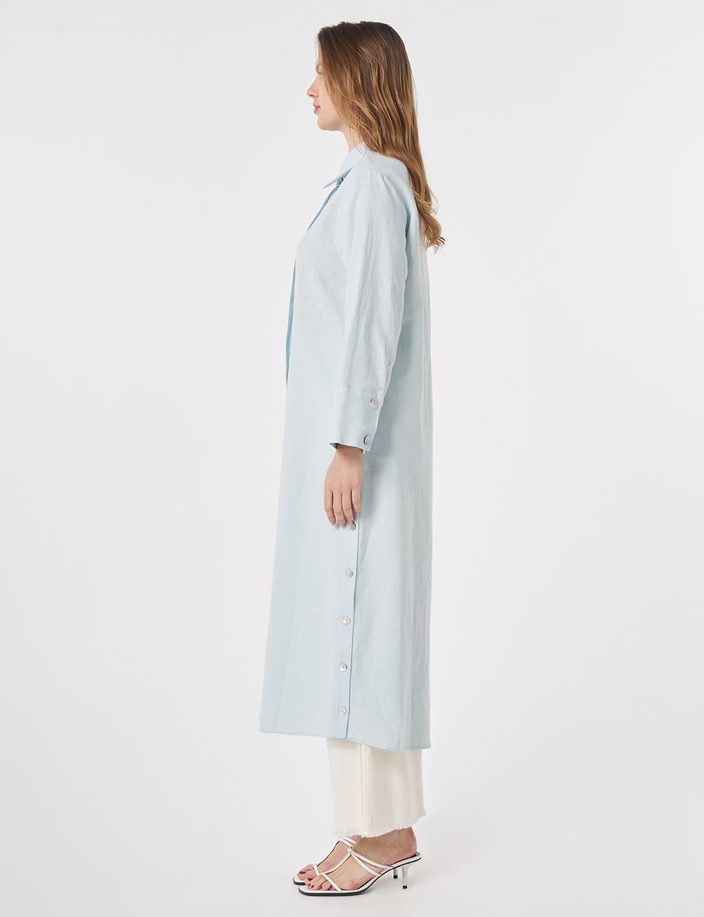 Button-Detail Cotton Linen Tunic Blue