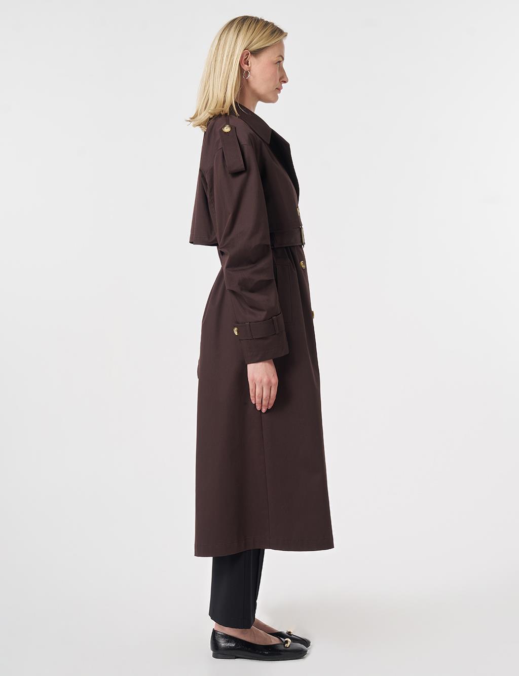 Windbreaker-Detail Belted Trench Coat Dark Brown
