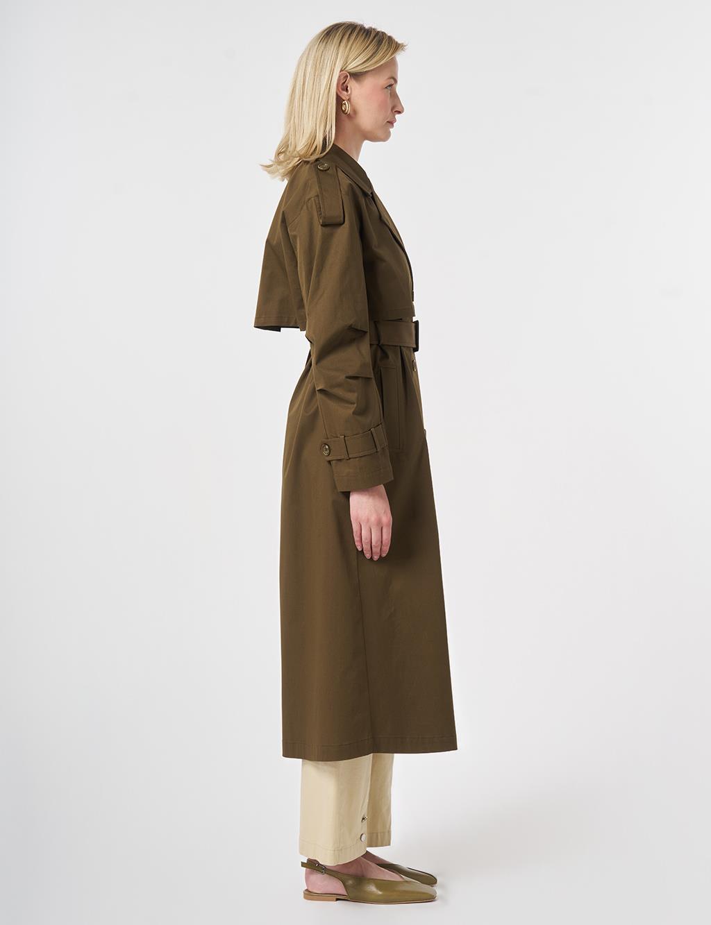 Rüzgarlık Detaylı Kuşaklı Trençkot Haki 