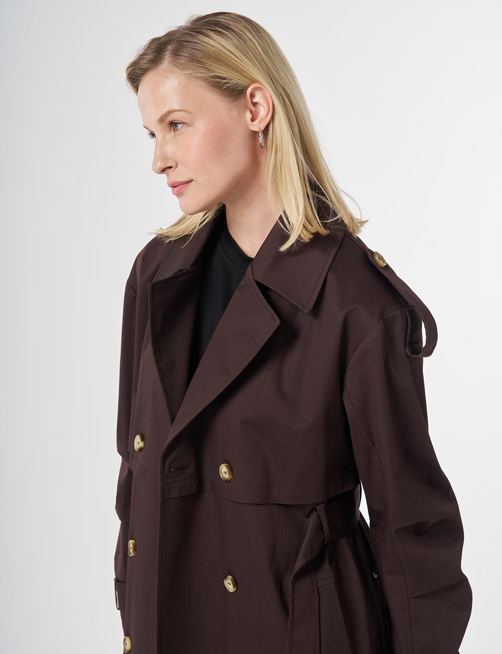 Windbreaker-Detail Belted Trench Coat Dark Brown