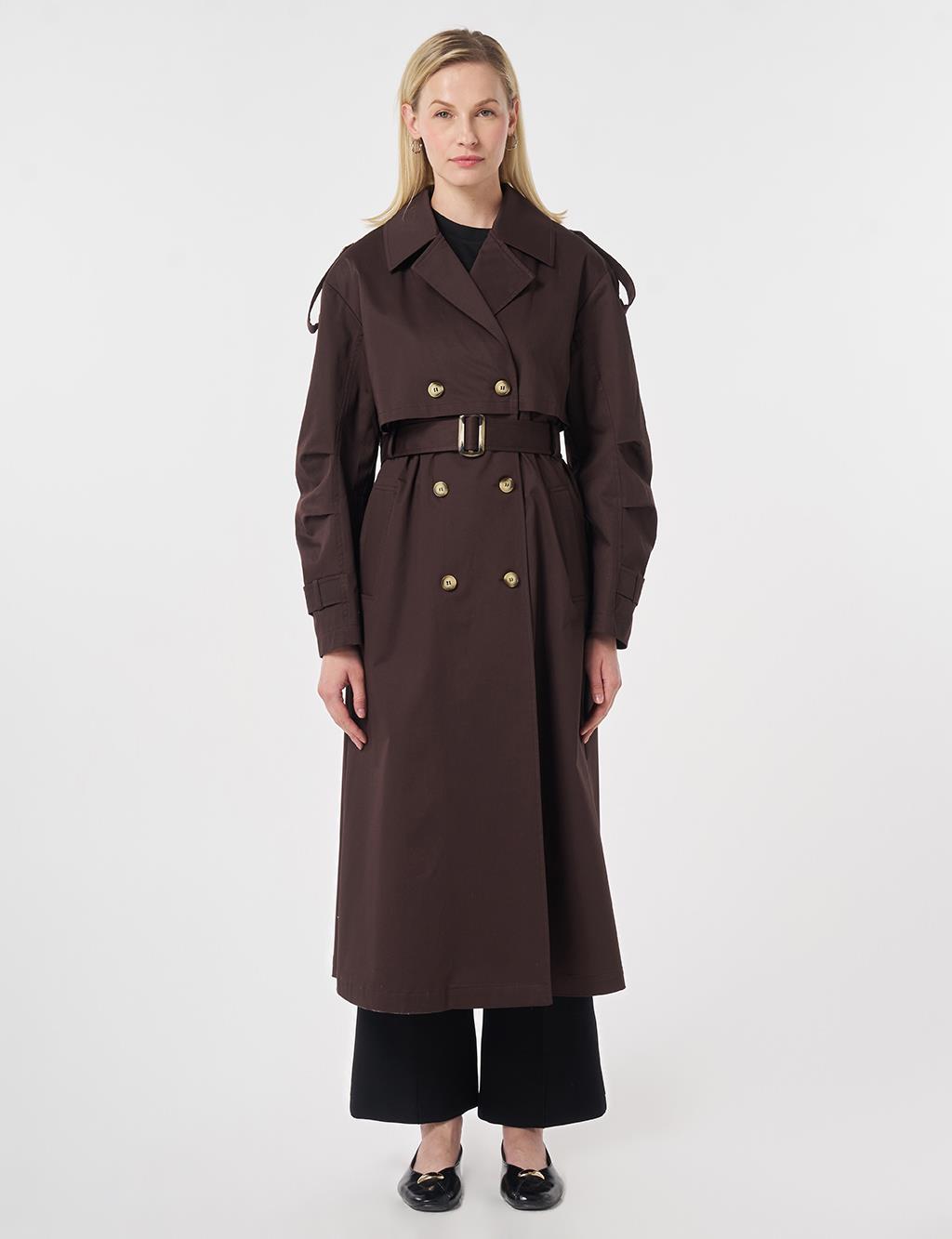 Windbreaker-Detail Belted Trench Coat Dark Brown