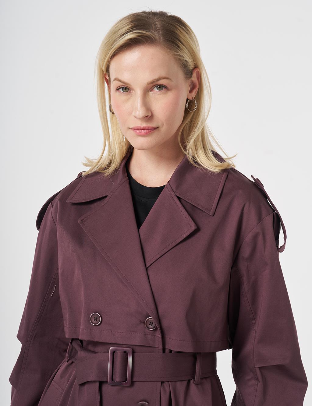Windbreaker-Detail Belted Trench Coat Cocoa Powder
