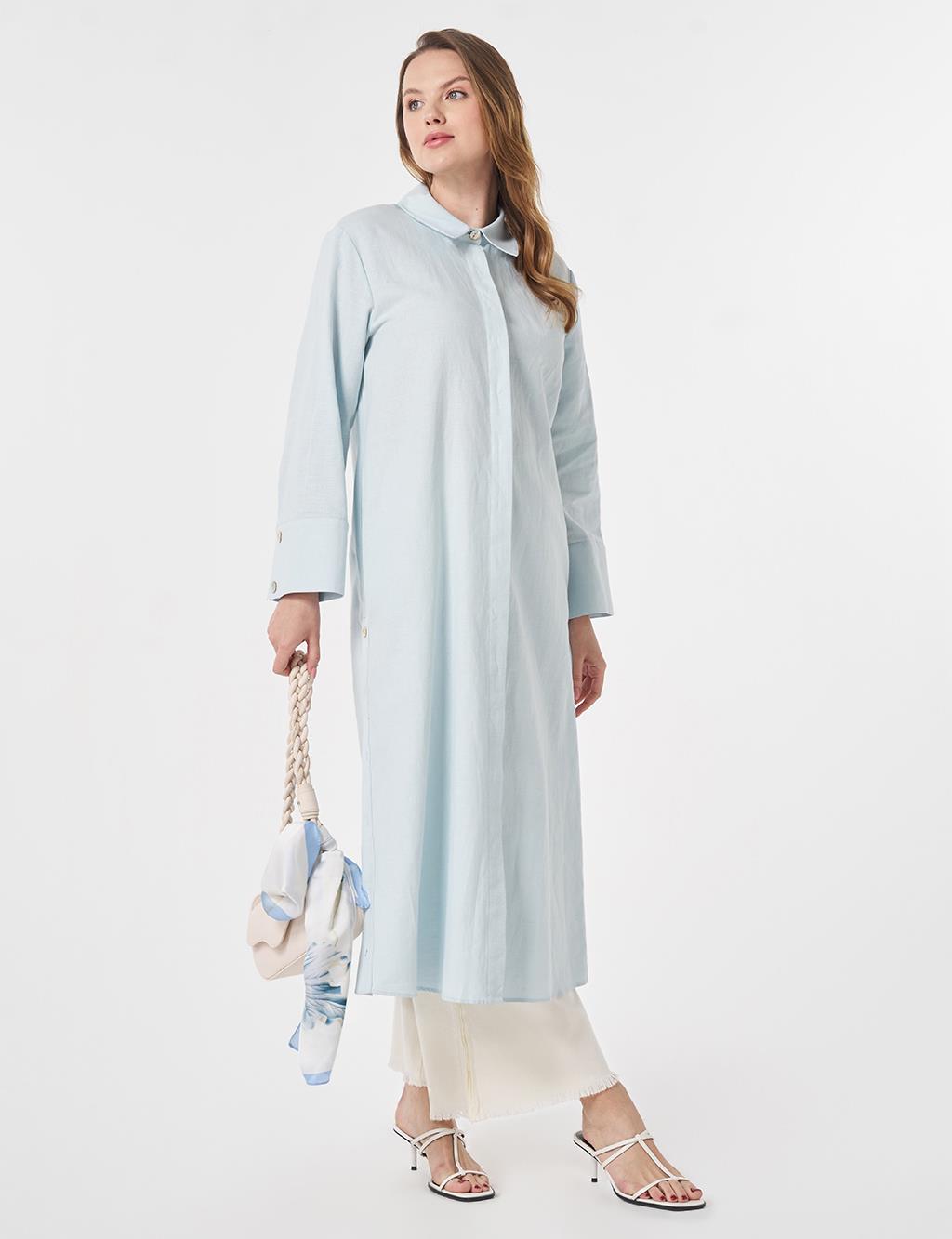 Button-Detail Cotton Linen Tunic Blue