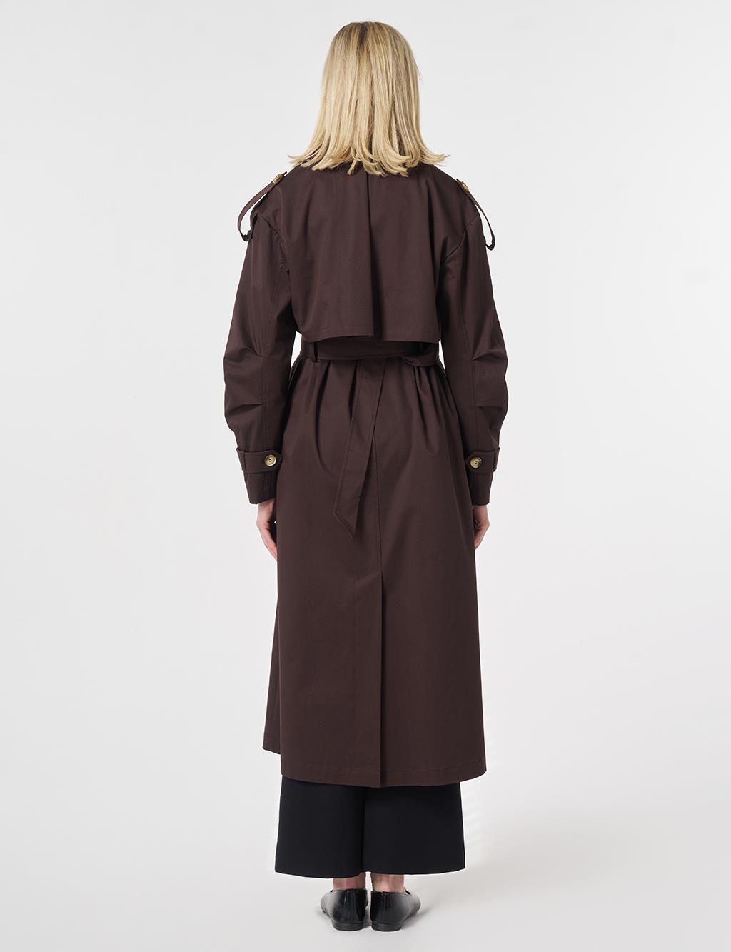 Windbreaker-Detail Belted Trench Coat Dark Brown