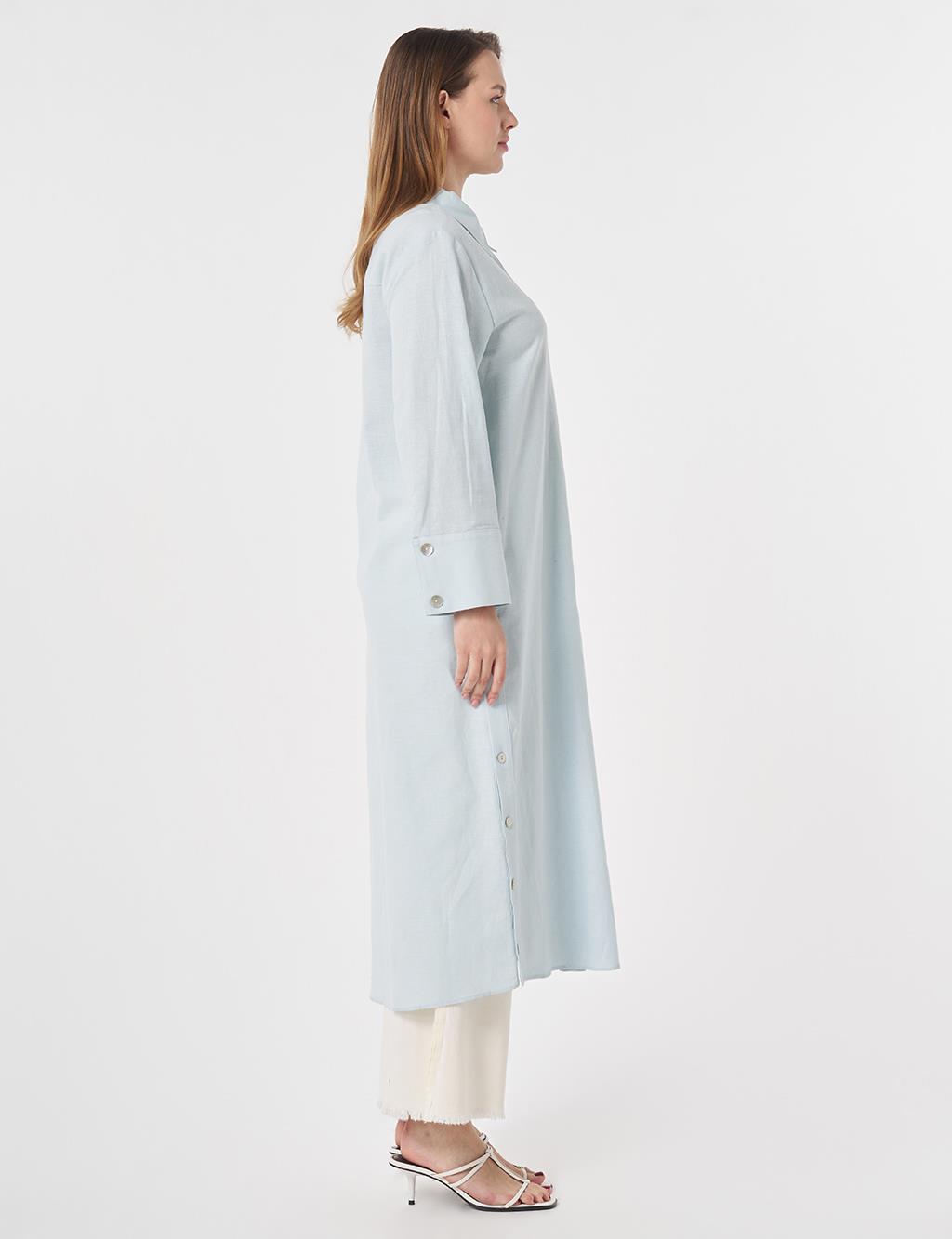 Button-Detail Cotton Linen Tunic Blue