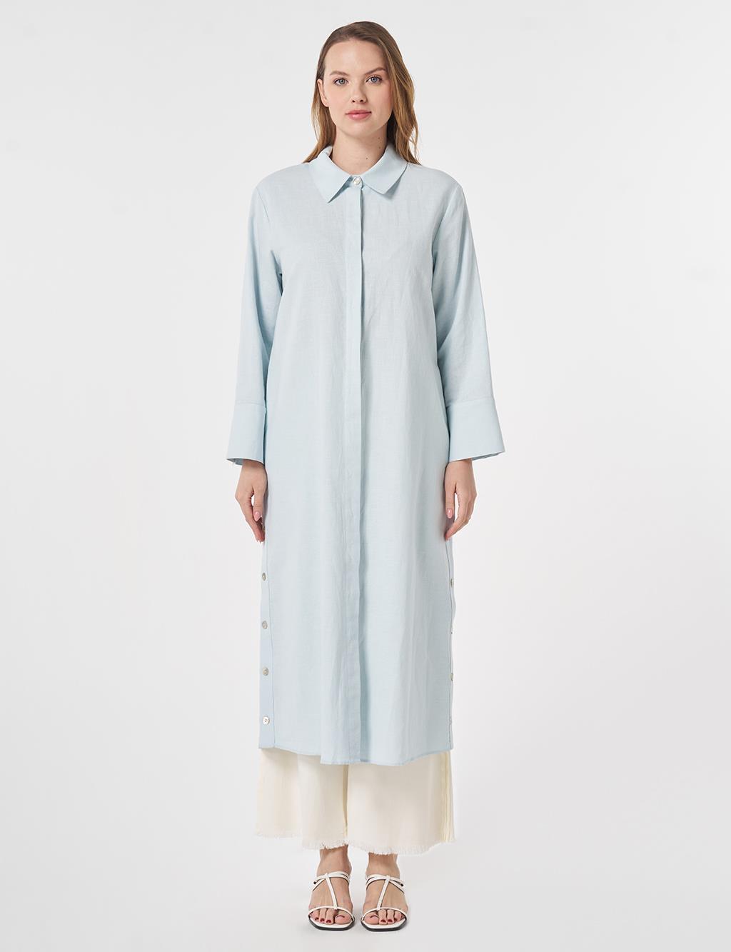 Button-Detail Cotton Linen Tunic Blue