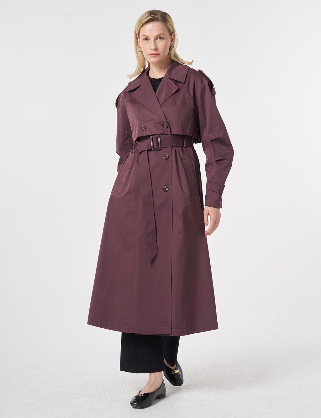 Windbreaker-Detail Belted Trench Coat Cocoa Powder