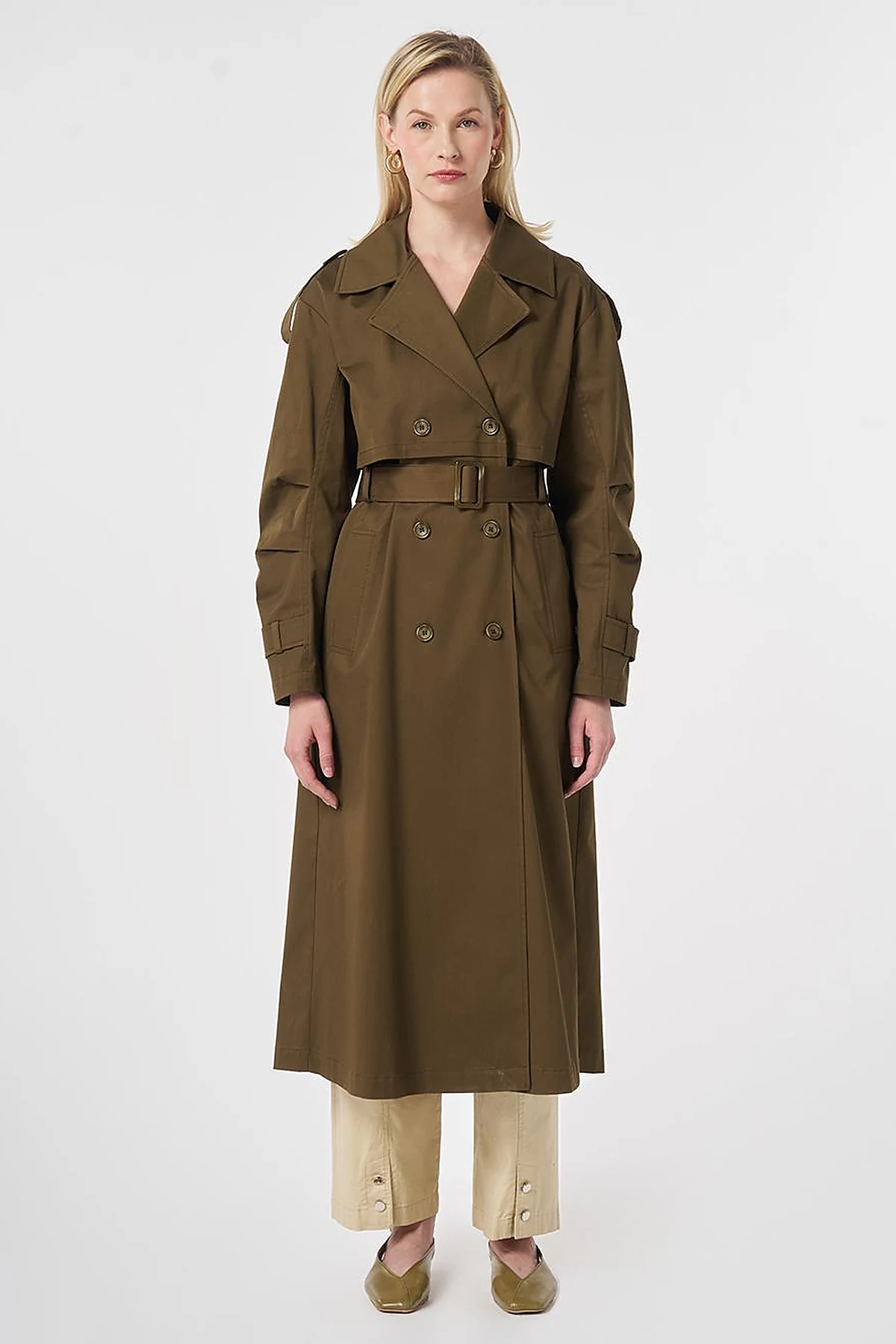 Windbreaker-Detail Belted Trench Coat Khaki