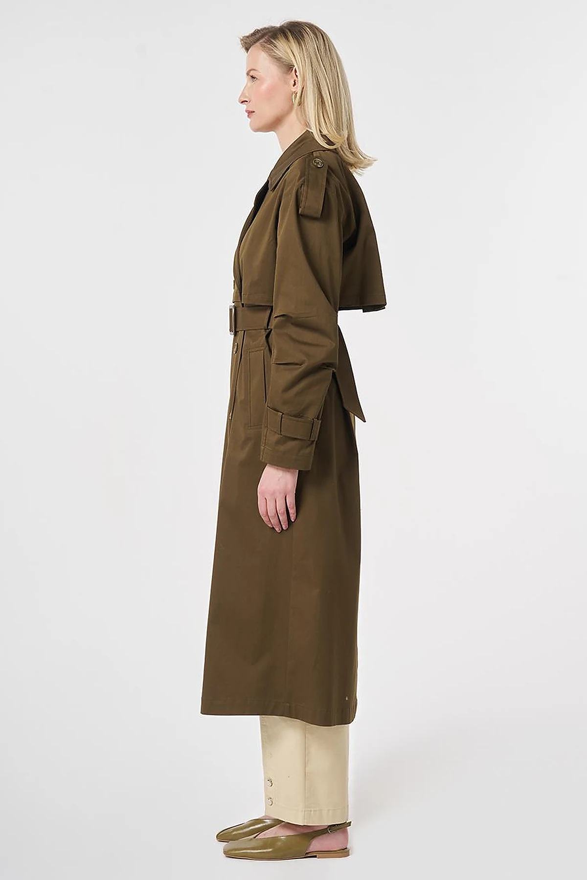 Windbreaker-Detail Belted Trench Coat Khaki