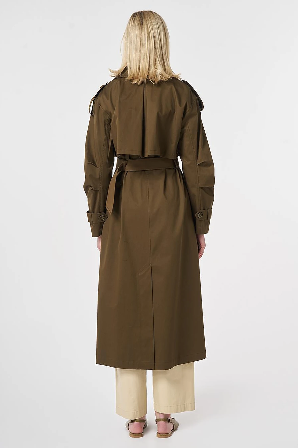 Windbreaker-Detail Belted Trench Coat Khaki