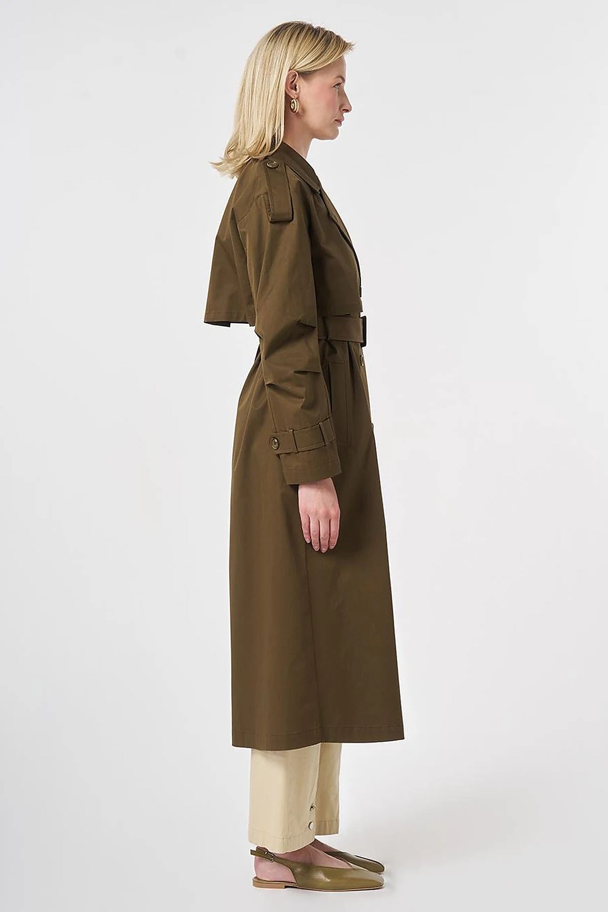 Windbreaker-Detail Belted Trench Coat Khaki