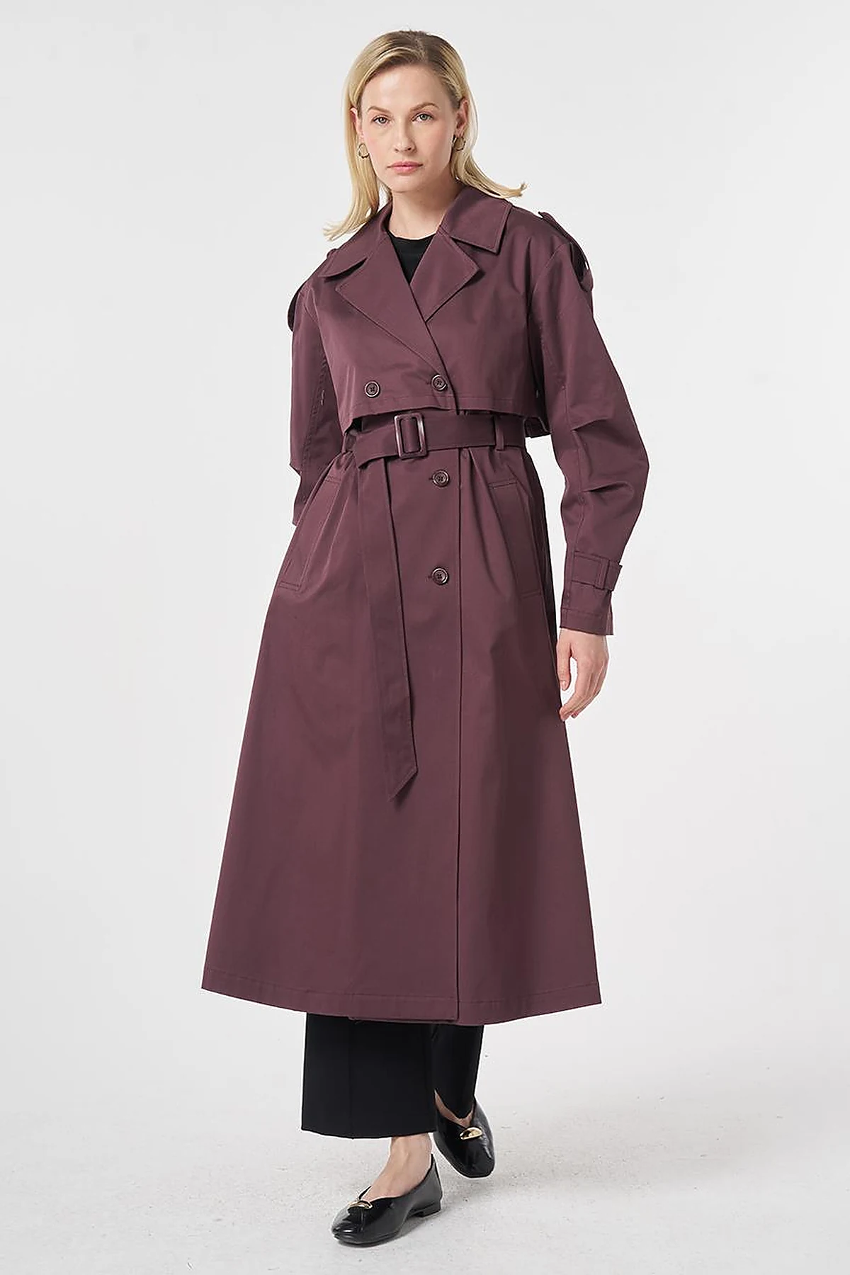 Windbreaker-Detail Belted Trench Coat Cocoa Powder