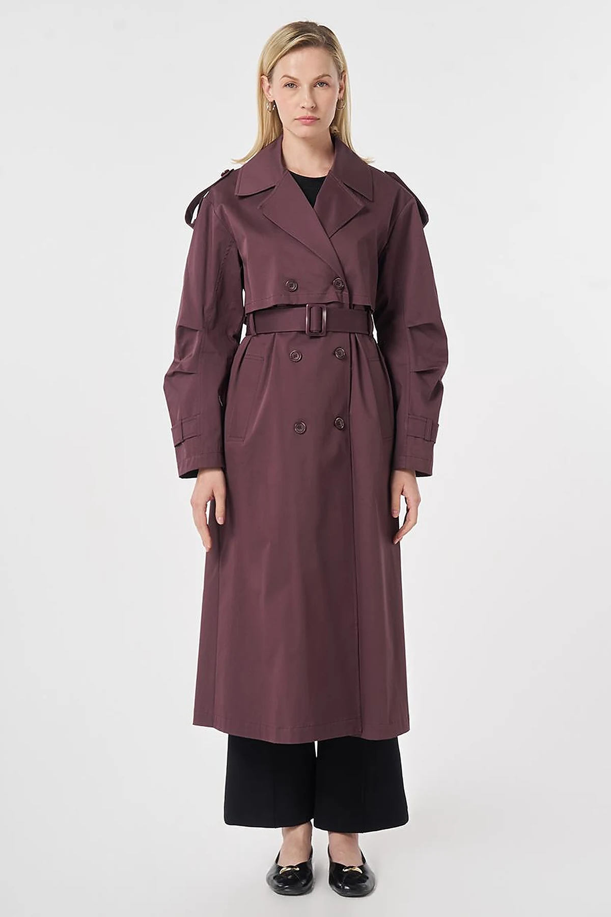 Windbreaker-Detail Belted Trench Coat Cocoa Powder