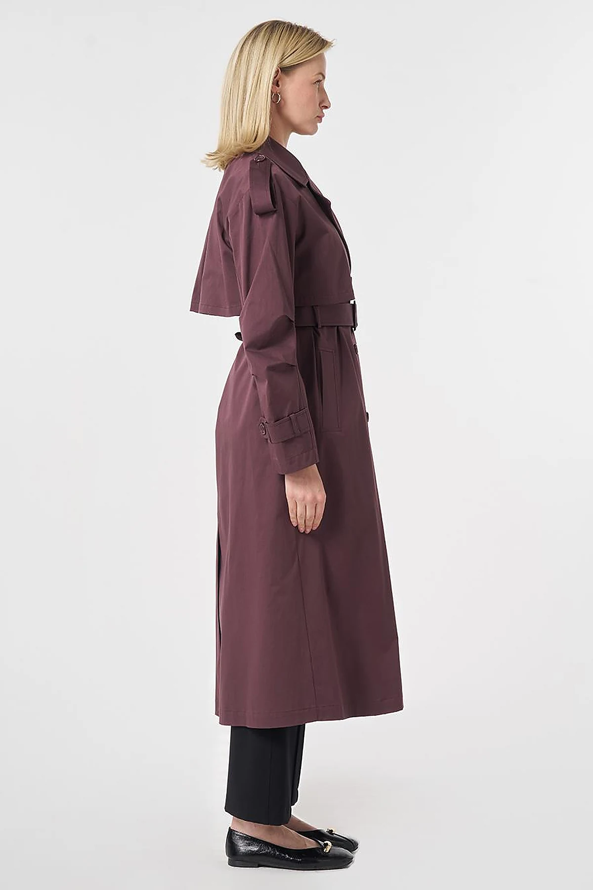 Windbreaker-Detail Belted Trench Coat Cocoa Powder